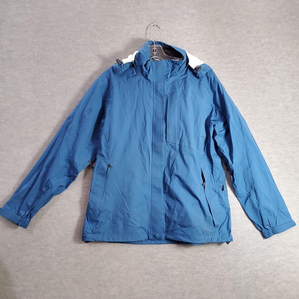 REI Women Jacket Large Blue Windbreaker Zippered Pockets Hooded Vented READ